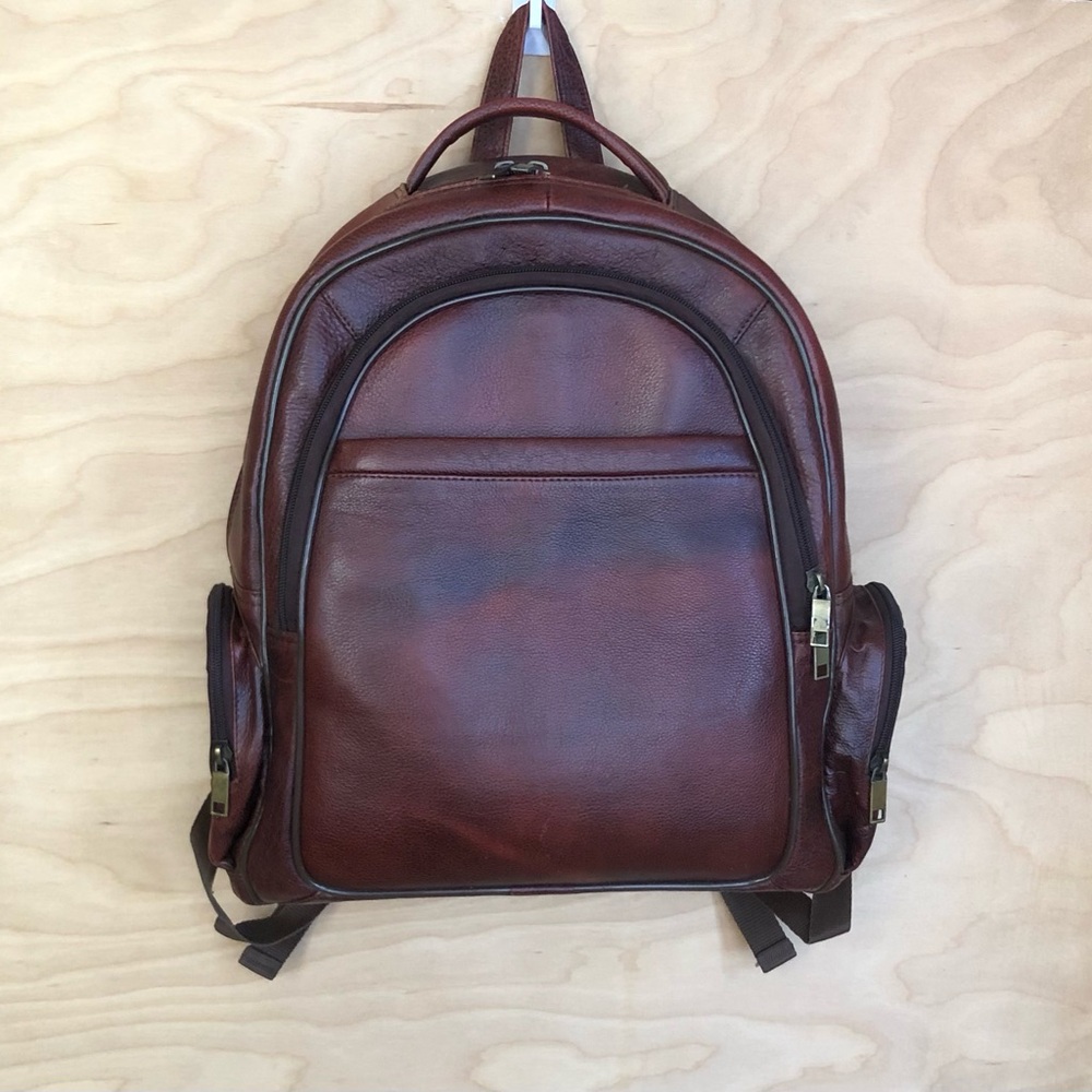 Leather Brown Multi Zipper Backpack Leather Unisex Men Large 12.5inX16in.